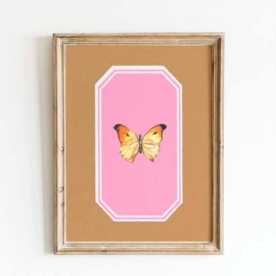 Butterfly Pink Tan Papillion Art Print Wall Art Trendy Decor Abstract Vintage Painting English Garden