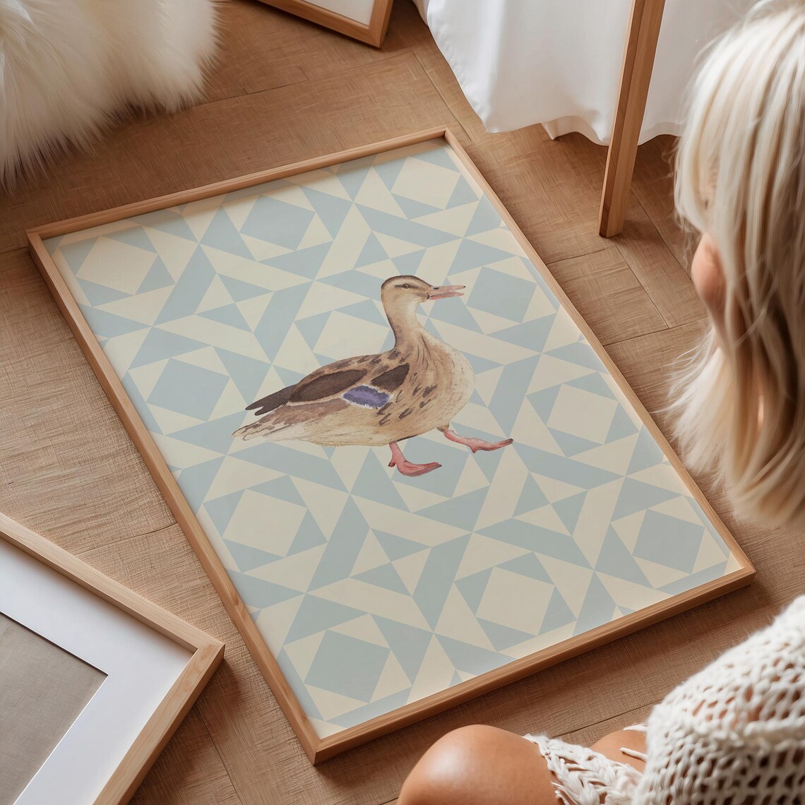 Female Mallard Duck Blue Quilted Pattern Watercolor Nursery Poster - Image 3