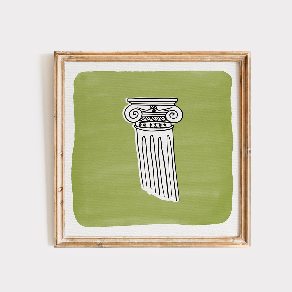 Olive Green Greek Ionic Column Line Art Square Minimalist Print