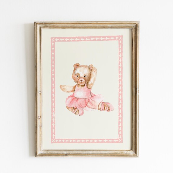 Teddy Bear Ballerina Pink Tutu Watercolor Nursery Girls Room Art Print