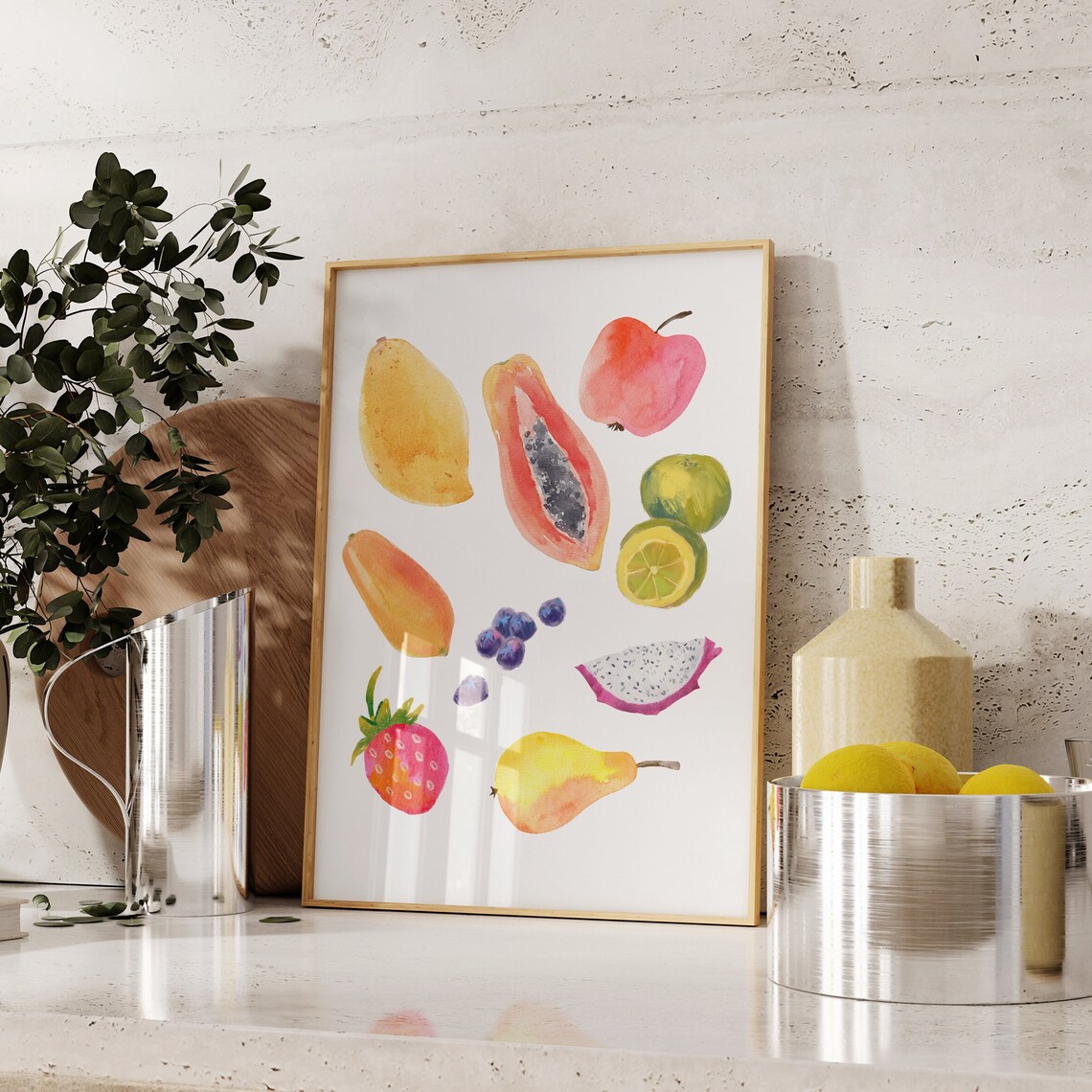 Watercolor Tropical Fruit Assortment Papaya Dragon Fruit Art Print