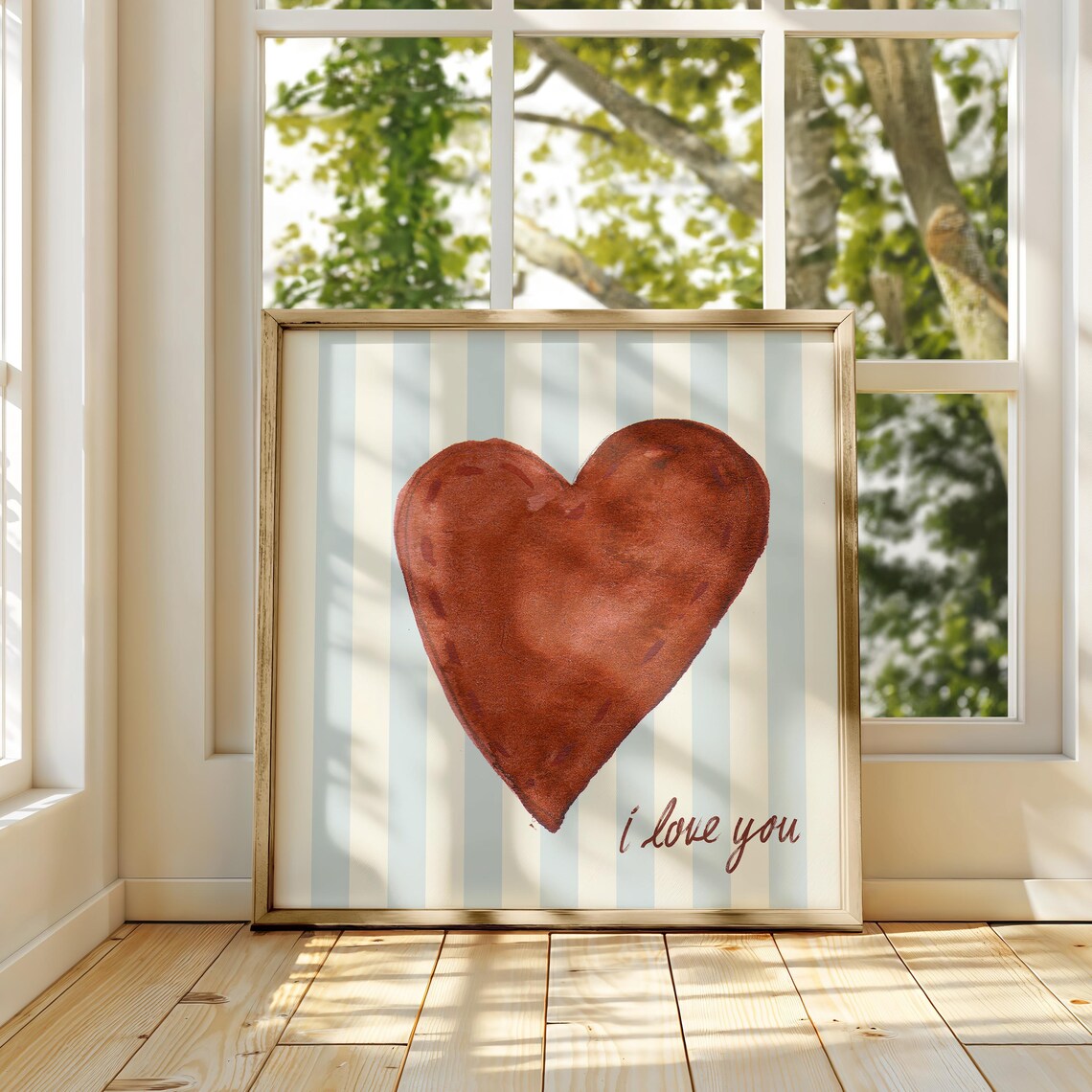 Chocolate Brown Watercolor Heart I Love You Striped Wall Art Print - Image 3
