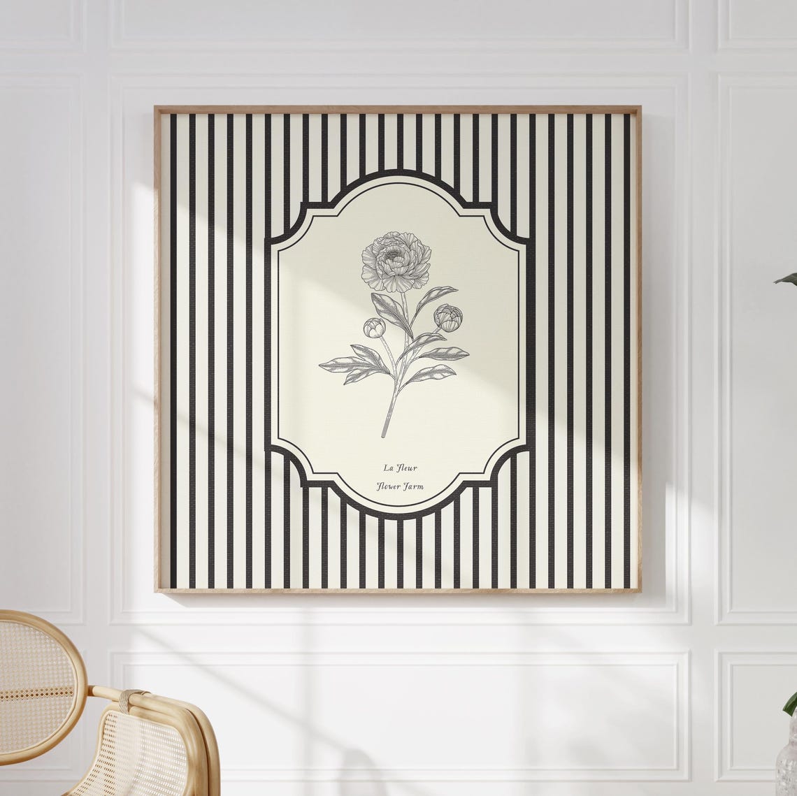 La Fleur Striped Black White Peony Botanical Frame Art Poster - Image 3