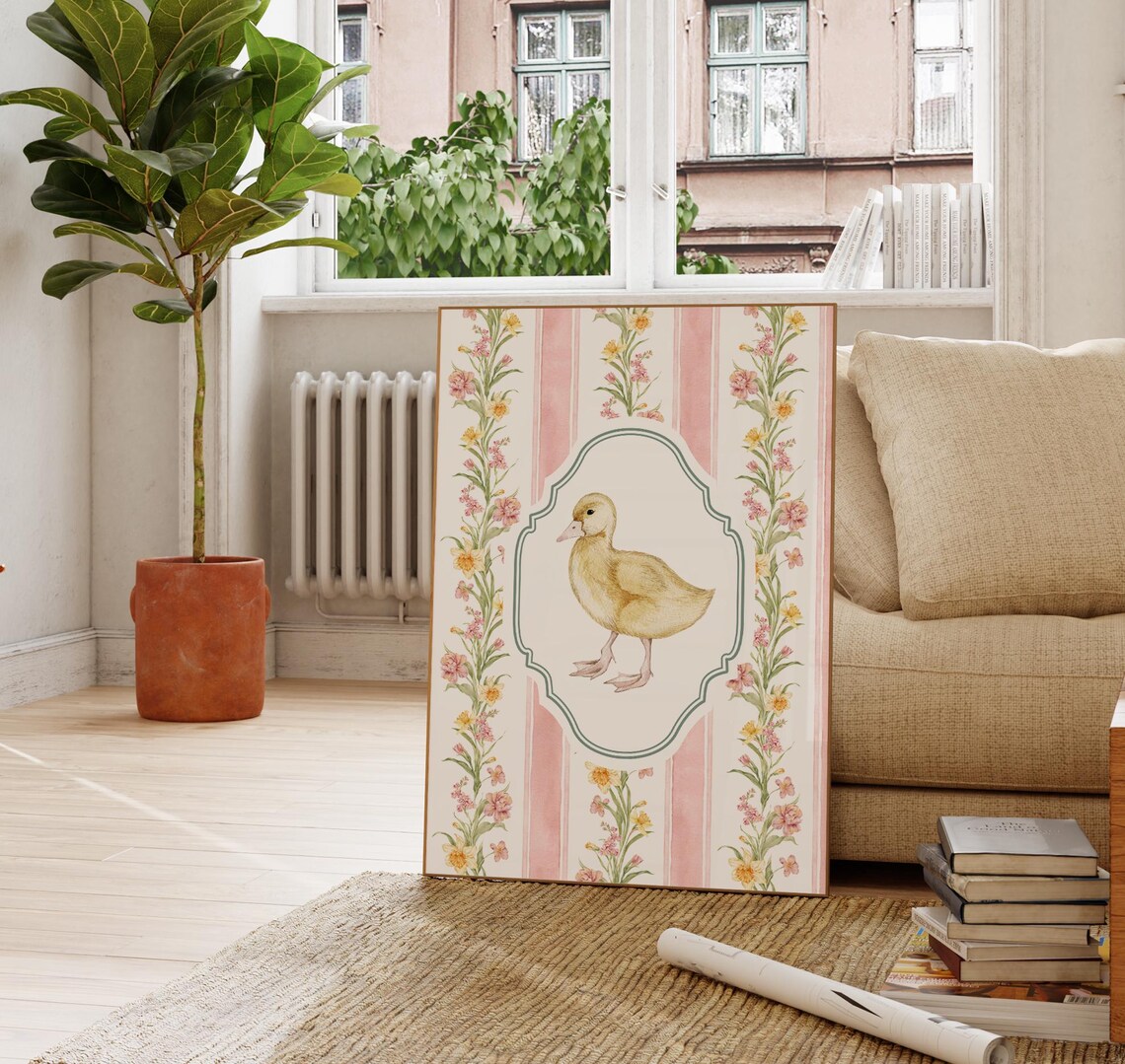 Baby Duckling Pink Striped Floral Vintage Nursery Wall Art Poster - Image 4