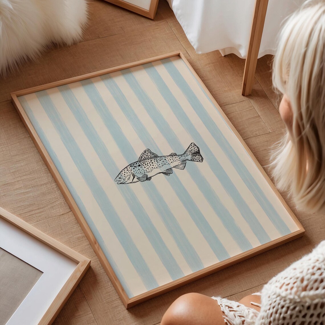Blue Striped Fish Vintage Painting Nursery Art Print