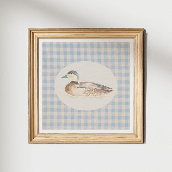 Vintage Gingham Mallard Duck Print Wall Art Kitchen Living Room Art Blue Thin Line Print Nursery Square Art