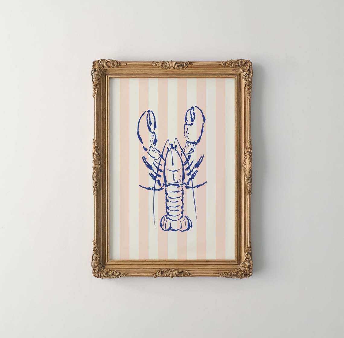 Peach Striped Blue Lobster Line Art Coastal Kitchen Wall Poster - Image 3