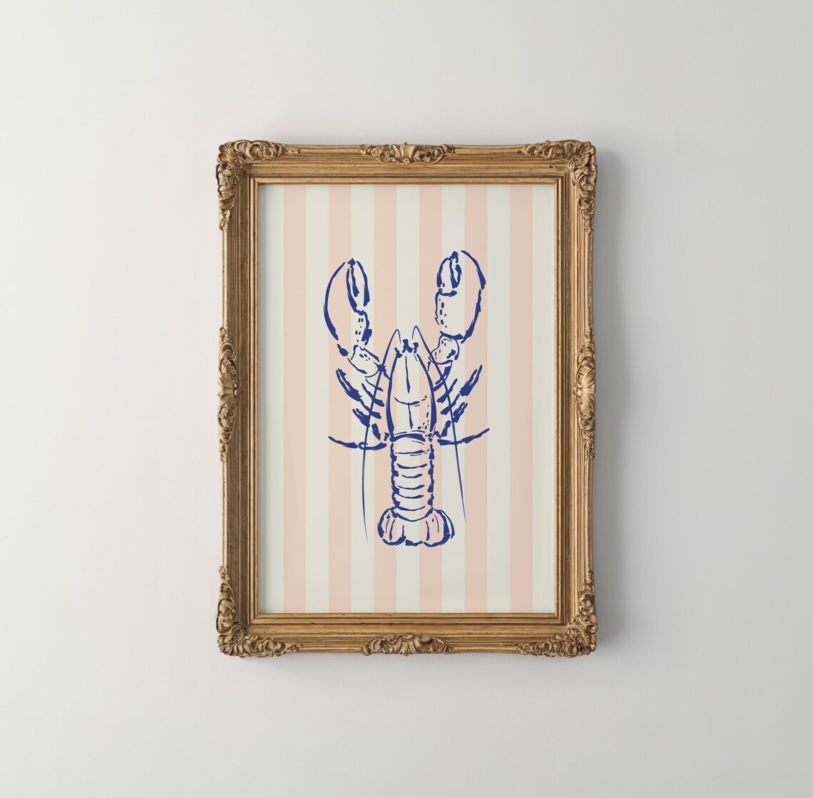 Peach Striped Lobster Illustration Print Wall Art Wall Art Coastal Decor Beach House - Image 3