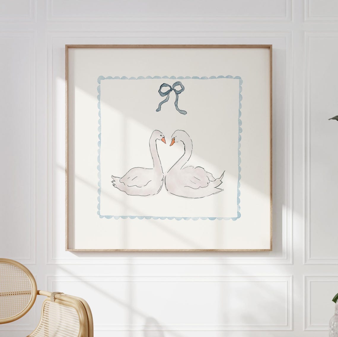 White Swan Pair Blue Bow Scalloped Border Romantic Watercolor Poster - Image 5