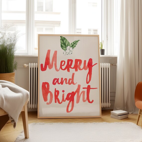Merry and Bright Red Script with Mistletoe Holiday Wall Poster