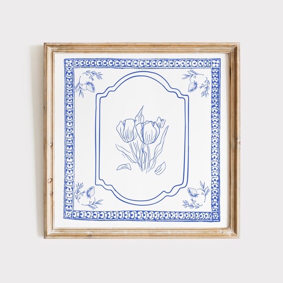Victorian Blue Tulip Bouquet Line Art in Ornate Arched Frame Botanical Poster