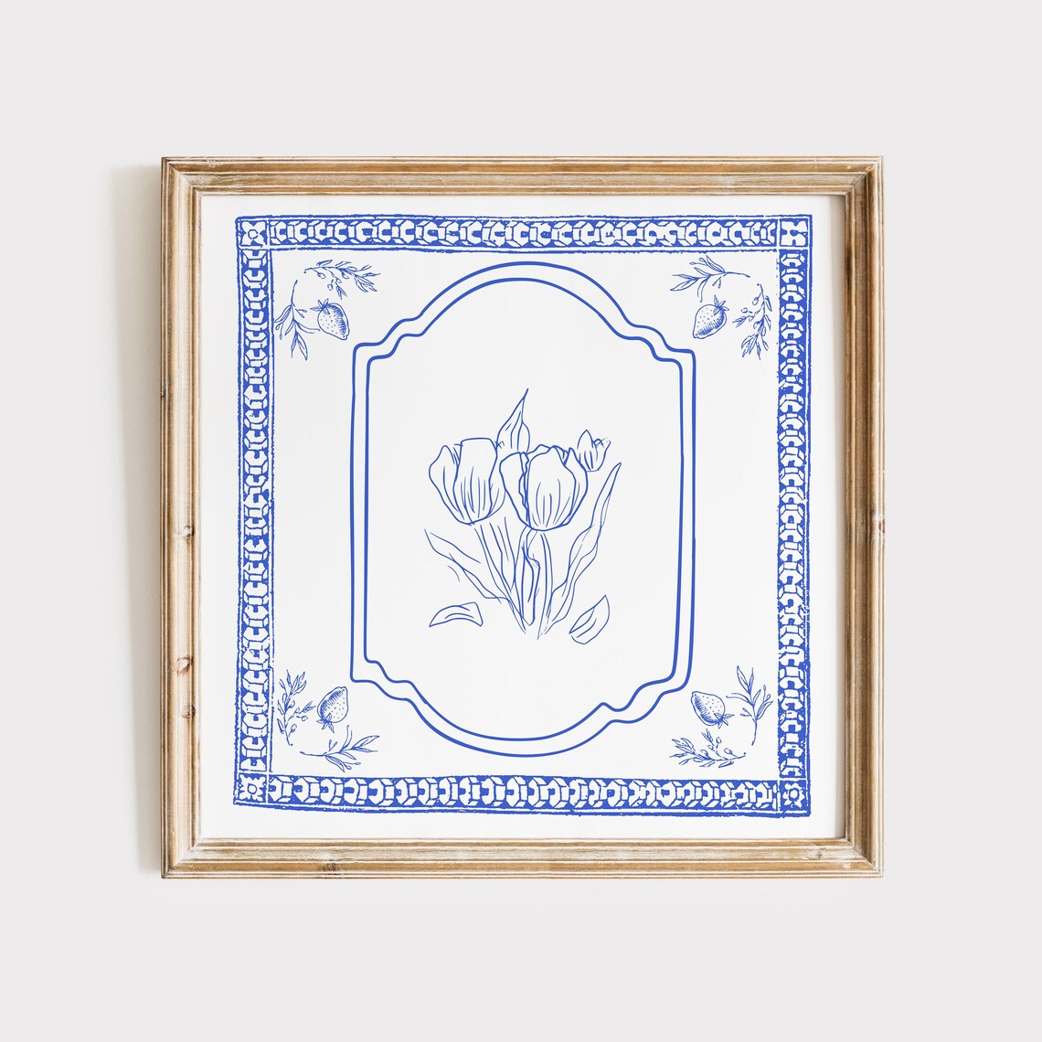 Victorian Blue Tulip Bouquet Line Art in Ornate Arched Frame Botanical Poster