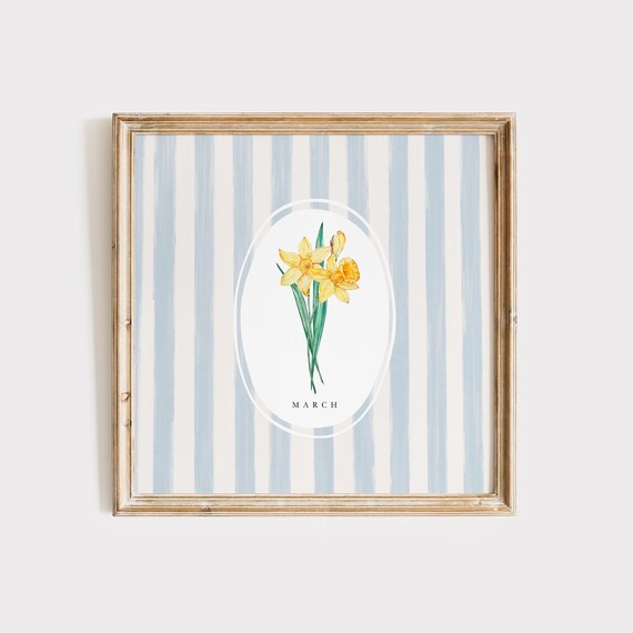 March Daffodil Birth Month Flower Blue Stripe Watercolor Botanical Poster