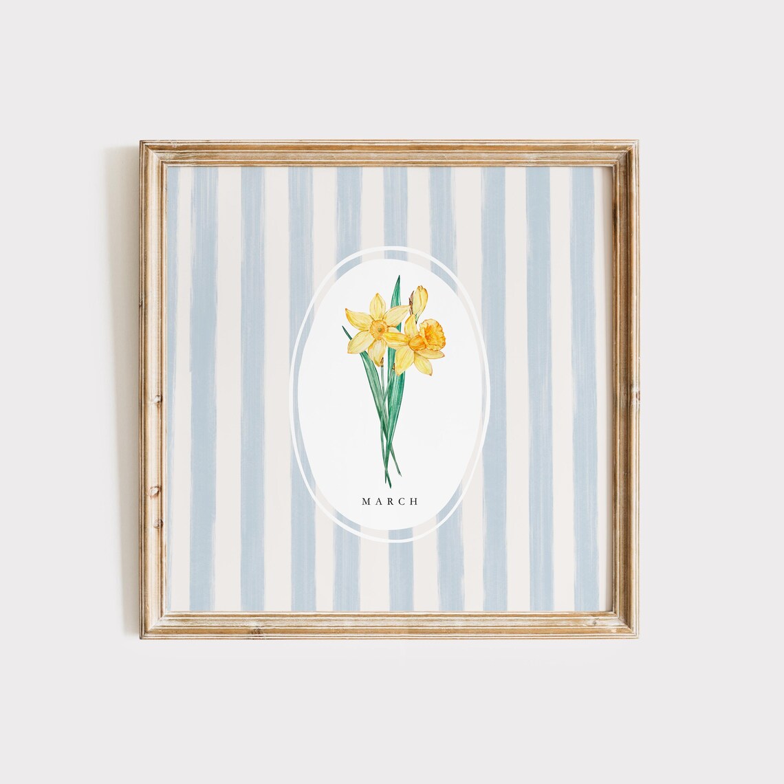 March Daffodil Birth Month Flower Blue Stripe Watercolor Botanical Poster