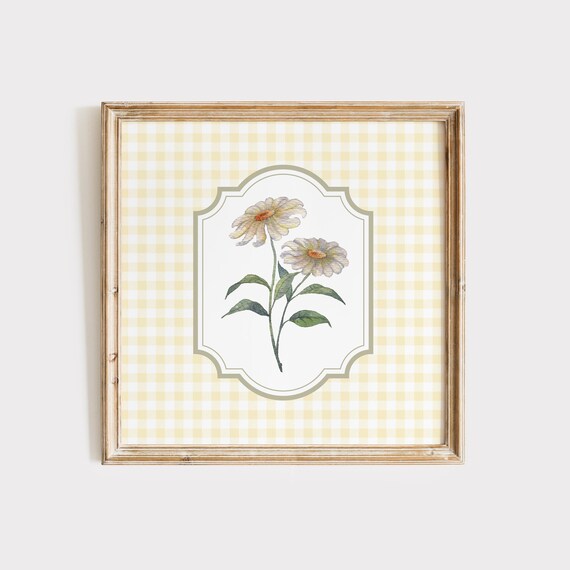 Twin Cream Daisies With Orange Centers on Yellow Gingham Cottage Poster