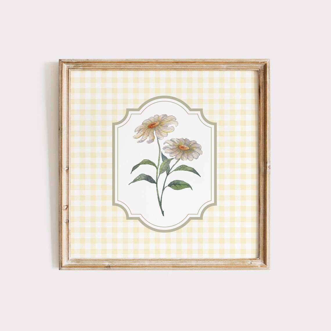 Twin Cream Daisies With Orange Centers on Yellow Gingham Cottage Poster