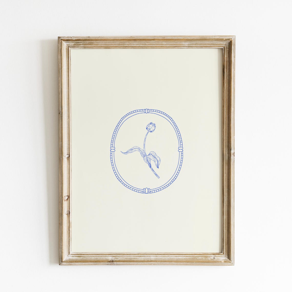 Blue Tulip Bud Line Drawing Oval Frame Cream Vertical Decor Poster