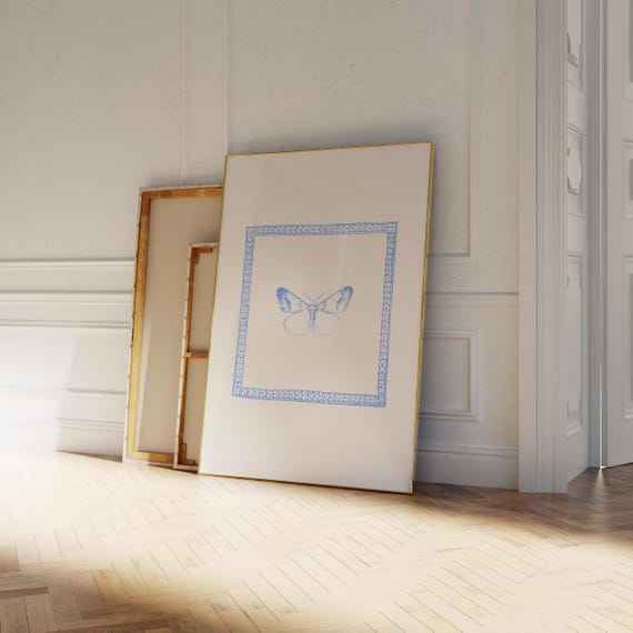 Cobalt Blue Vintage Butterfly Print Vertical Art Print Print Wall Art Vintage Painting English Garden Cottage Nursery