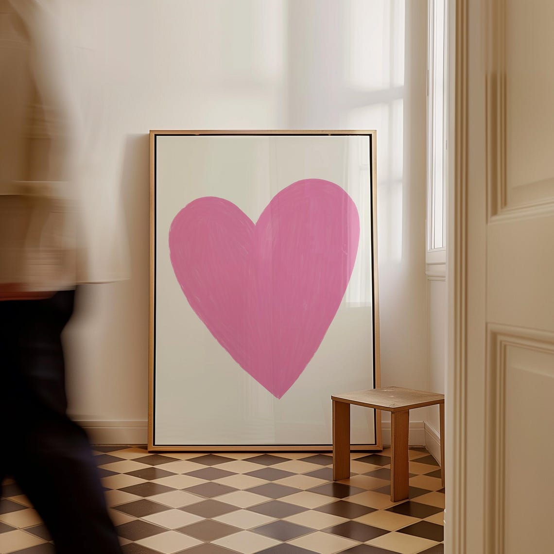 Big Pink Heart Minimal Art Print Cream Background Trendy Wall Poster