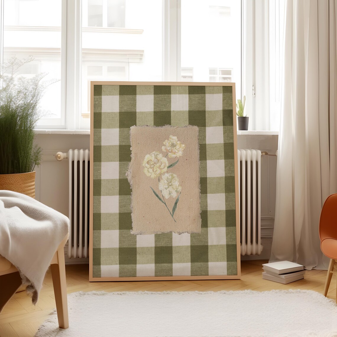 Green Gingham Flower Print, Vintage Farmhouse Art Print
