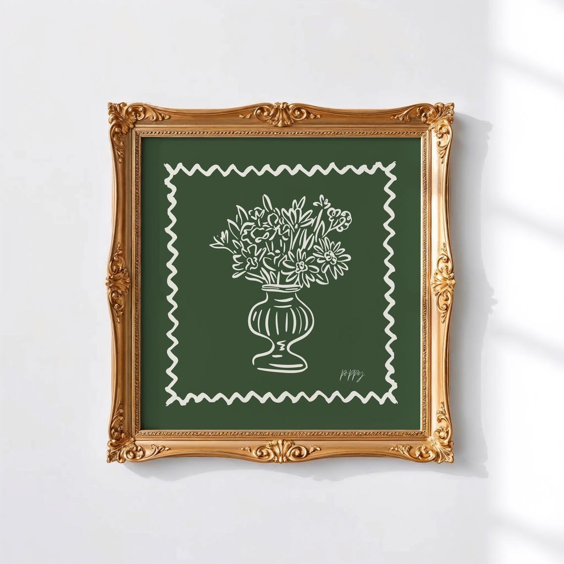 Forest Green Background Cream Line Wildflowers Vase Modern Wall Poster - Image 5