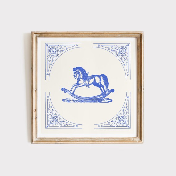 Cobalt Blue Vintage Rocking Horse Nursery Illustration Poster