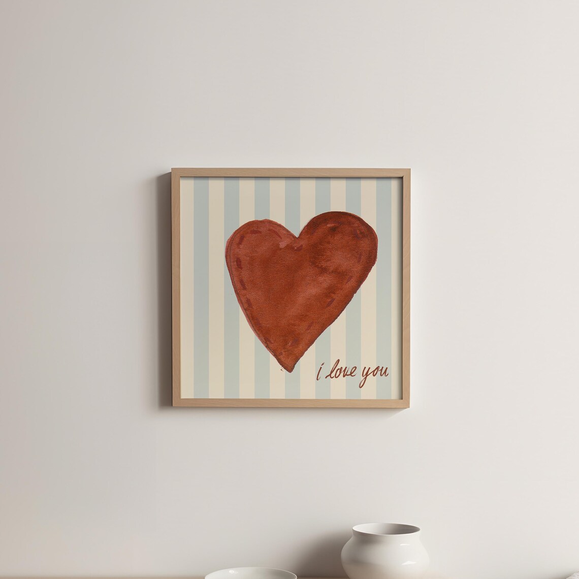 Chocolate Brown Watercolor Heart I Love You Striped Wall Art Print - Image 2