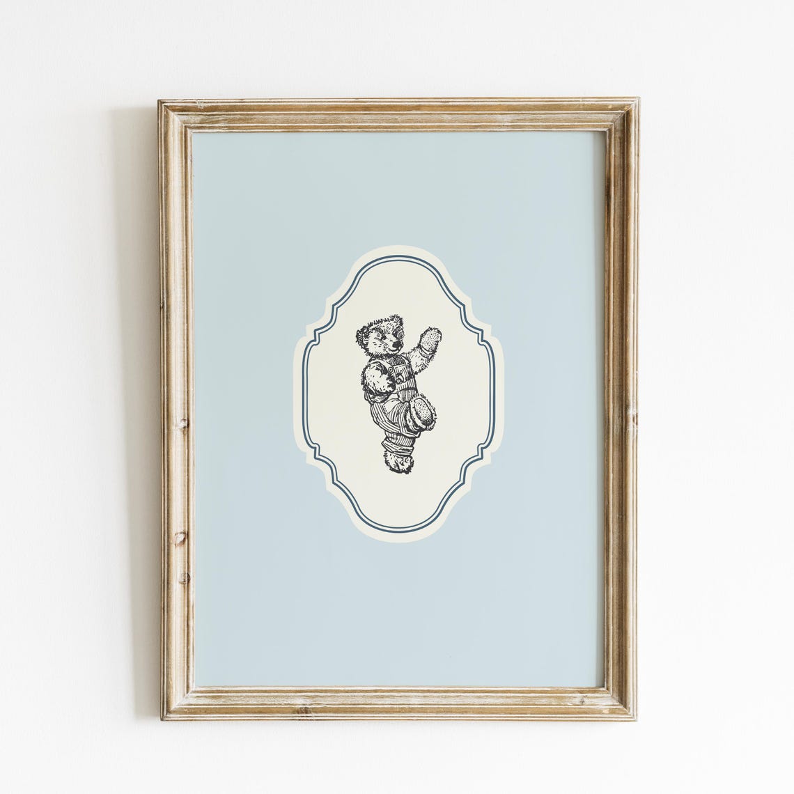 Vintage Waving Teddy Bear Baby Blue Ornate Vertical Nursery Poster