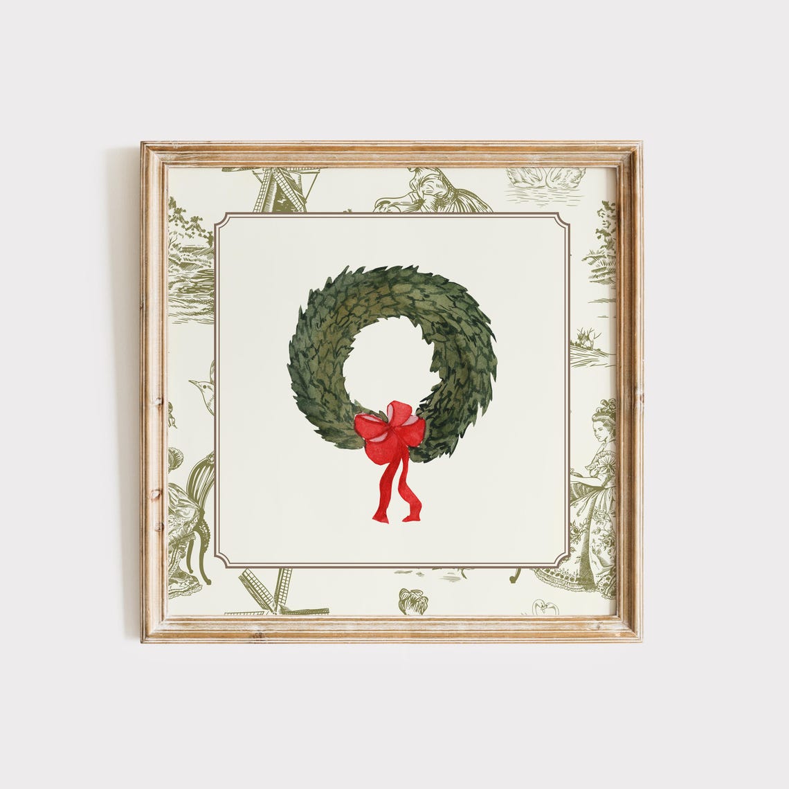 Green Toile Border Christmas Wreath Red Bow Watercolor Holiday Poster