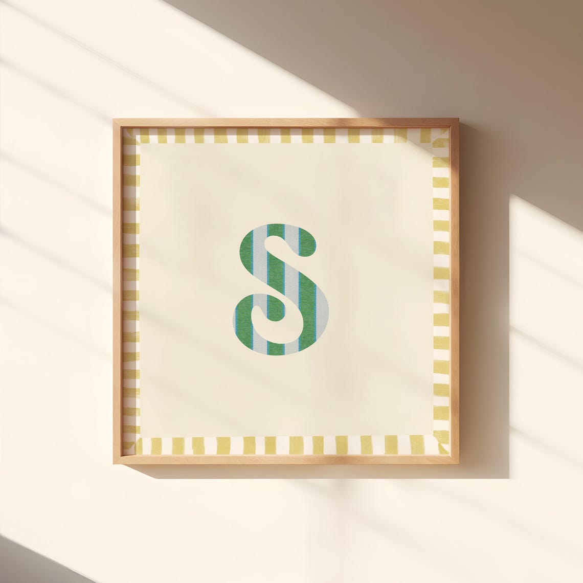 Swash Letter S Green Blue Striped Monogram Cream Framed Art Print - Image 4