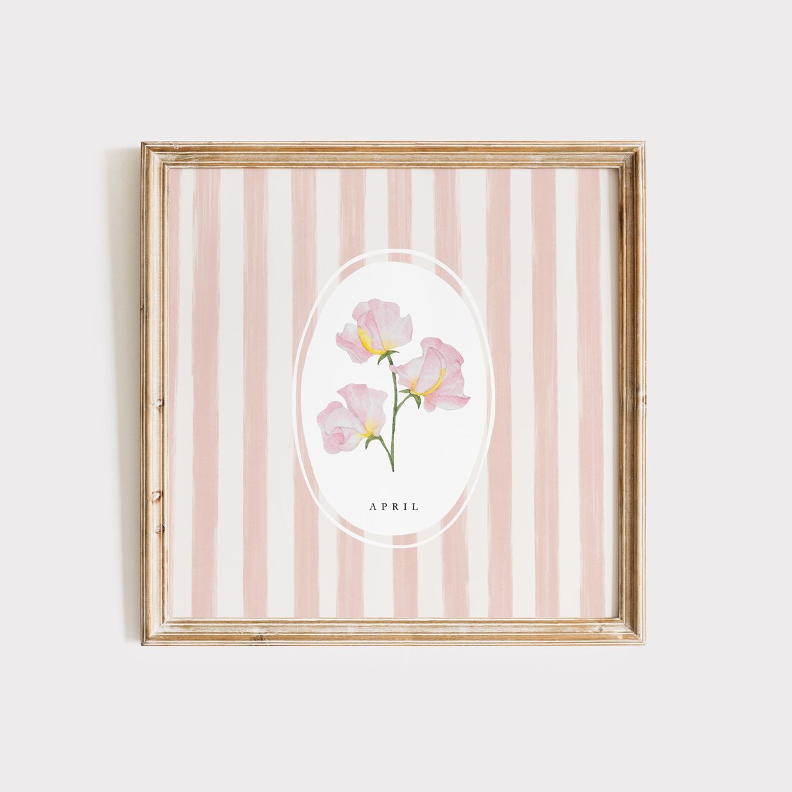 April Sweet Pea Birth Month Flower Pink Stripe Watercolor Botanical Poster - Image 2