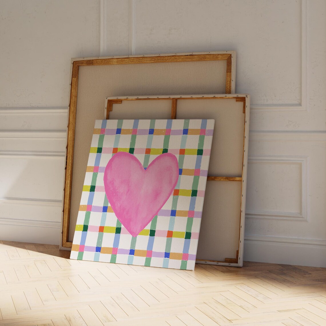 Big Pink Watercolor Heart Colorful Check Plaid Kids Room Wall Art - Image 3