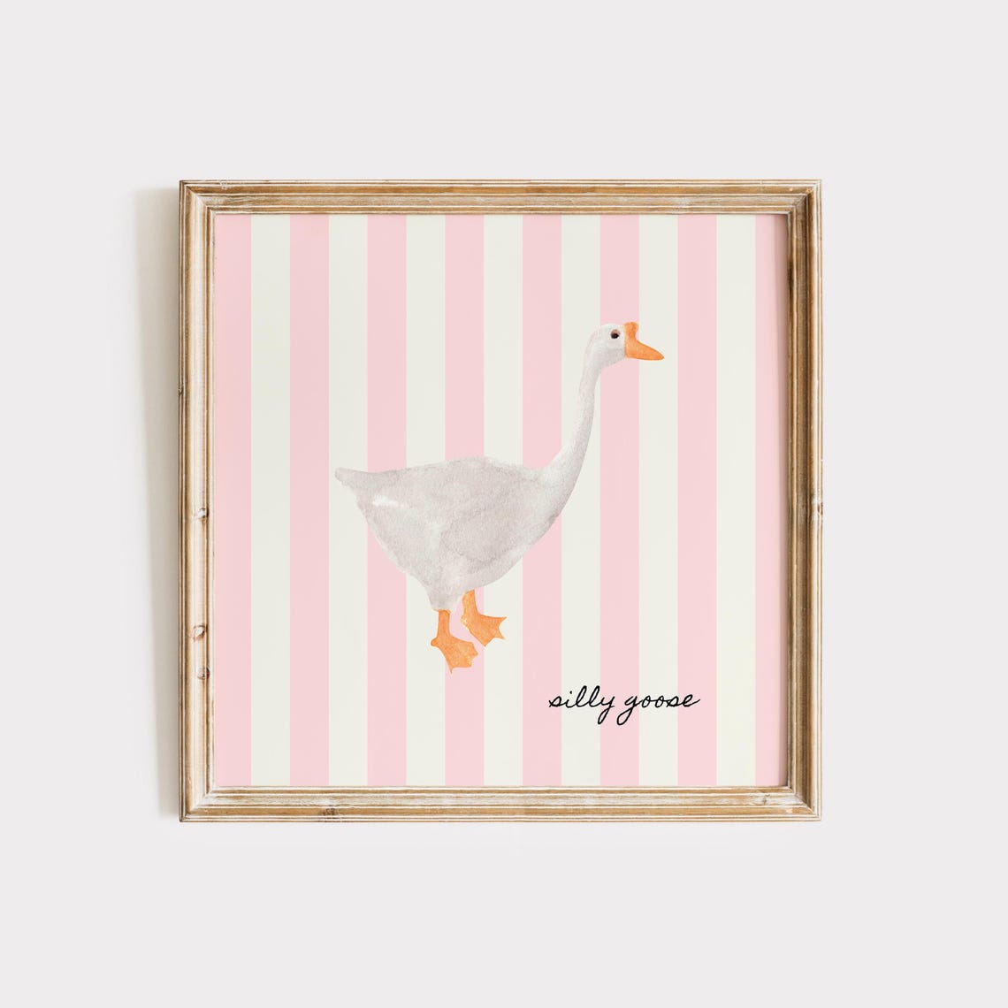 Silly Goose White Goose Watercolor Pink Striped Nursery Wall Poster