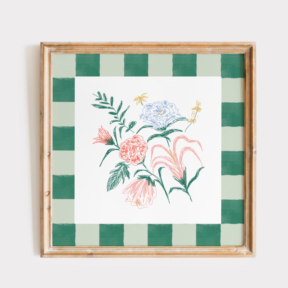 Green Gingham Check Border Floral Bouquet Sketch Square Art Print - Image 2