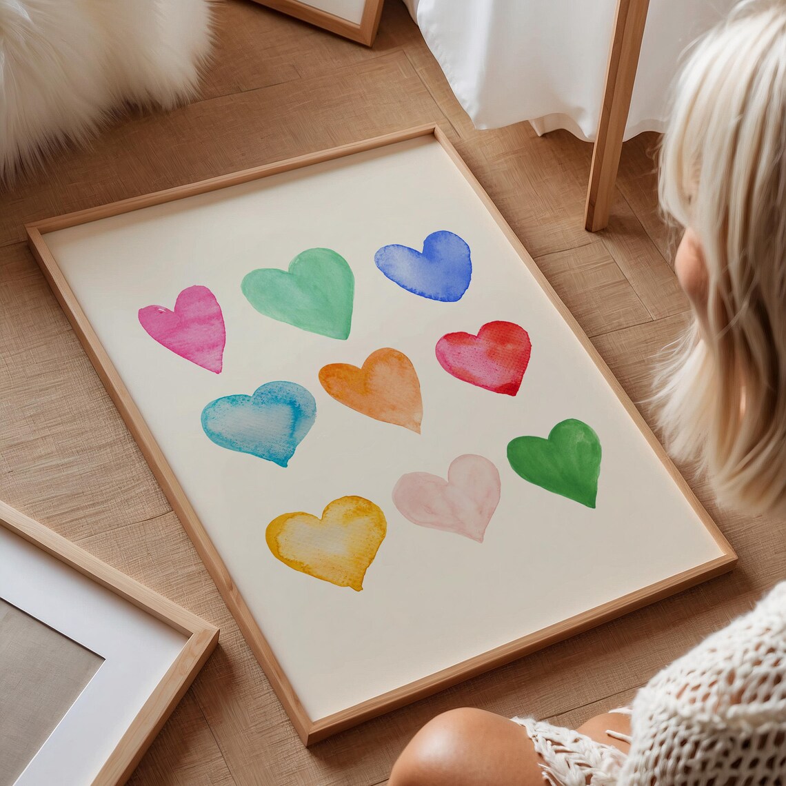 Colorful Watercolor Hearts Grid Love Nursery Rainbow Wall Art Poster - Image 5