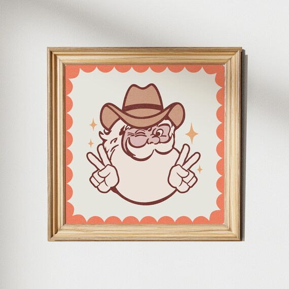 Retro Cowboy Santa Winking Peace Signs Orange Scallop Christmas Poster