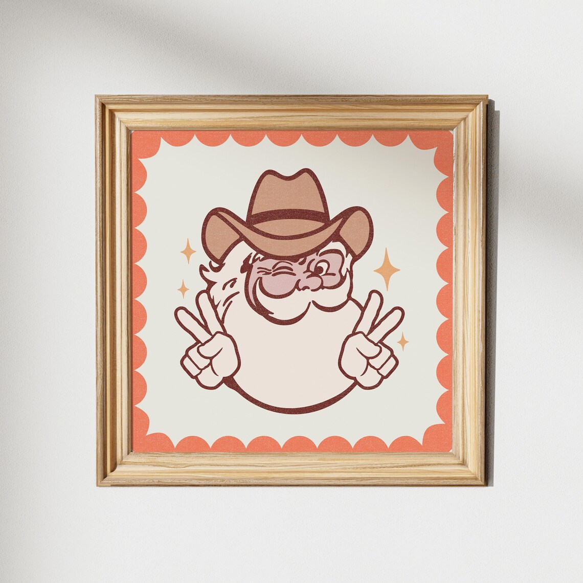Retro Cowboy Santa Winking Peace Signs Orange Scallop Christmas Poster