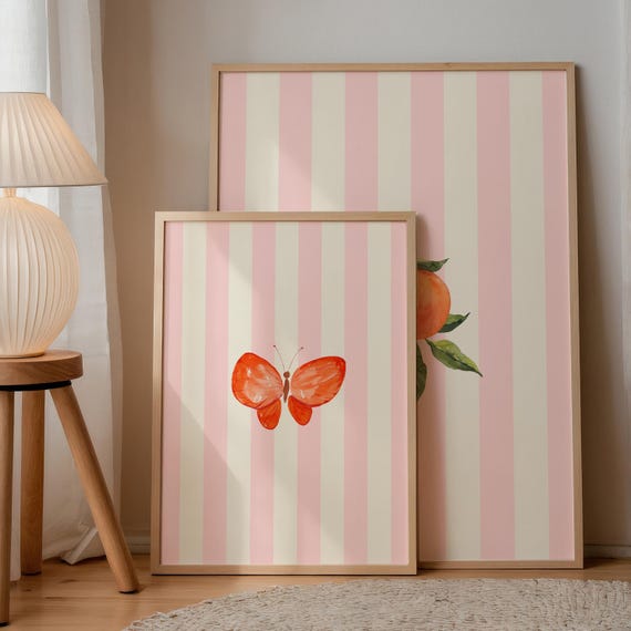 Blush Striped Watercolor Butterfly Art Print Print Wall Art Trendy Decor English Garden Floral Cottage