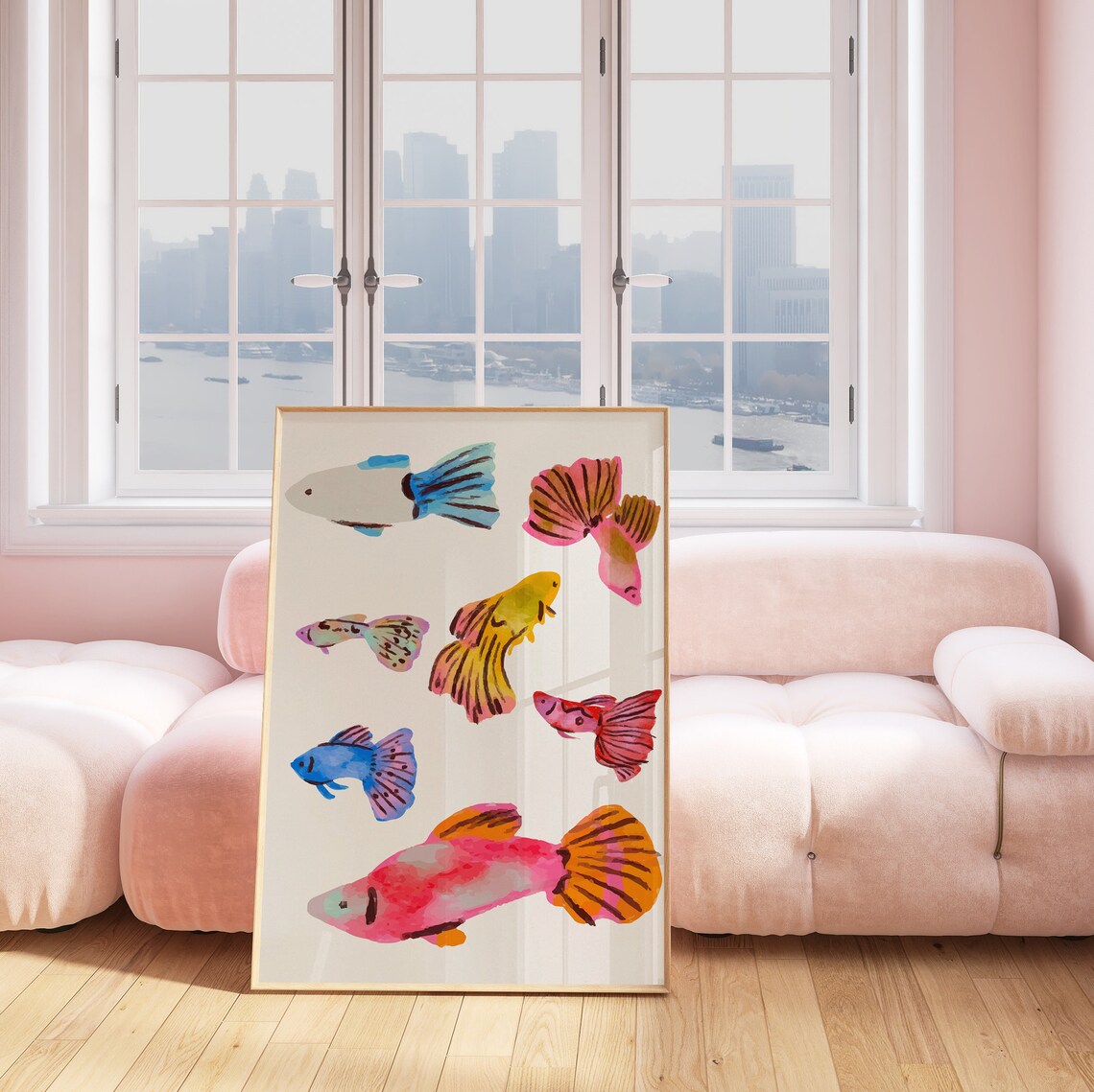 Colorful Watercolor Guppy Fish School Tropical Aquarium Poster