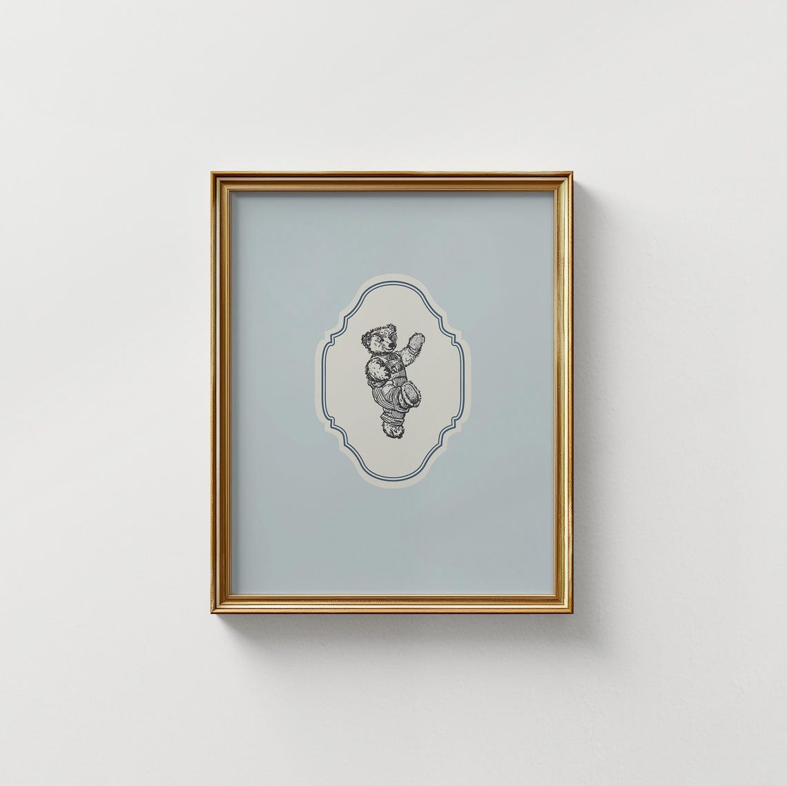 Vintage Waving Teddy Bear Baby Blue Ornate Vertical Nursery Poster - Image 4