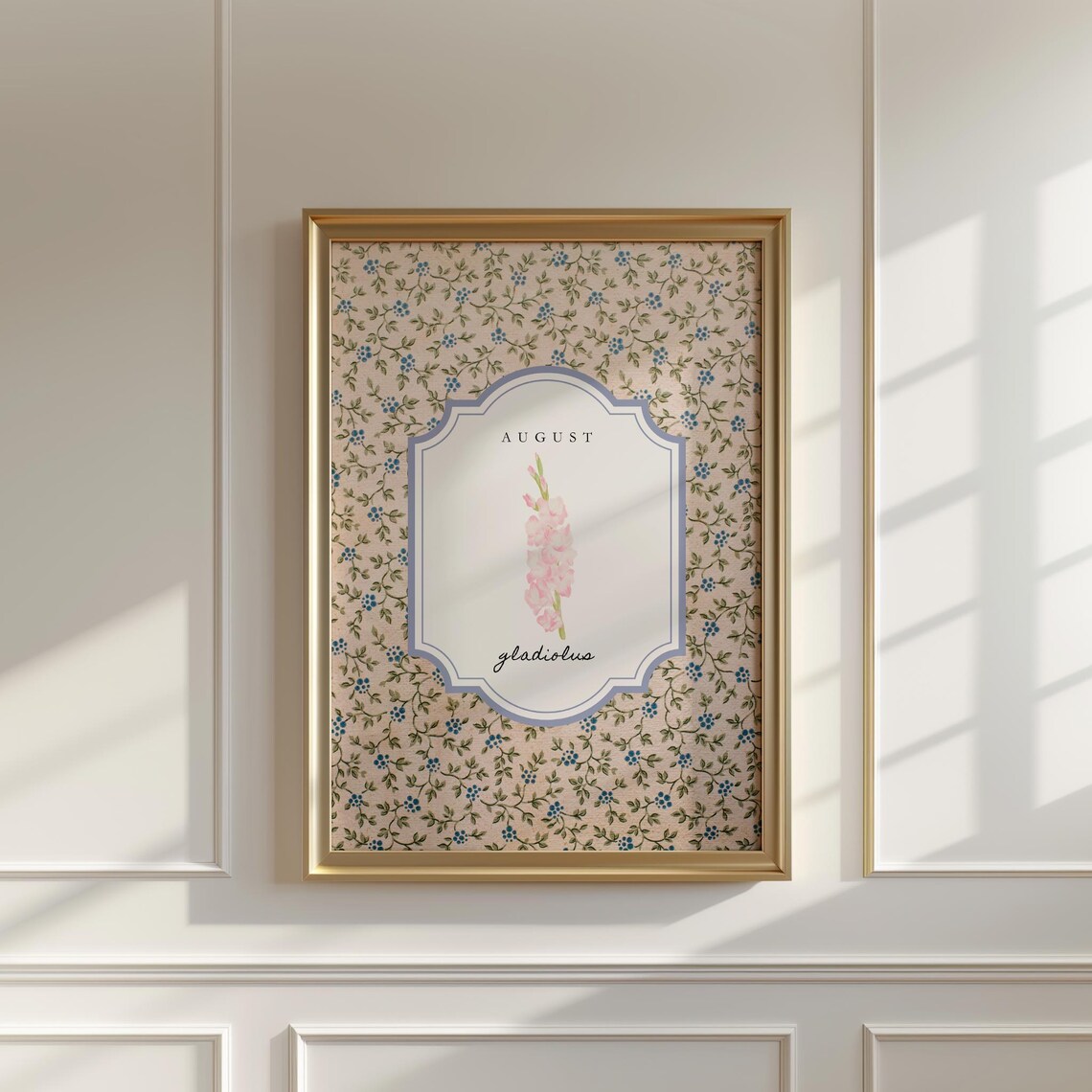 August Gladiolus Birth Flower Vintage Botanical Poster Soft Pink Spike