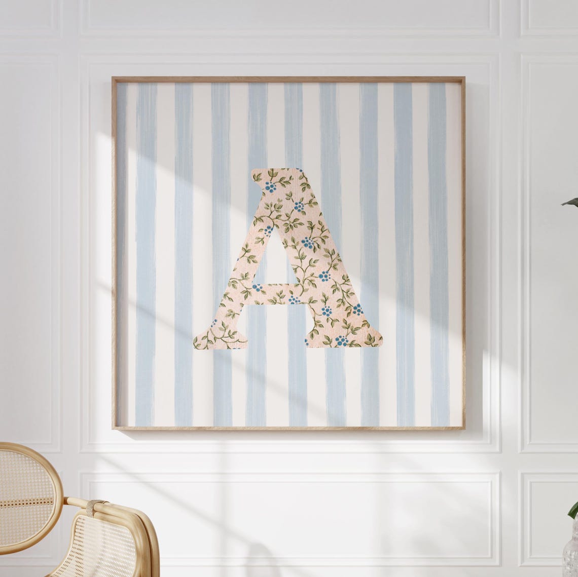 Floral Letter A Initial on Blue Striped Nursery Monogram Poster