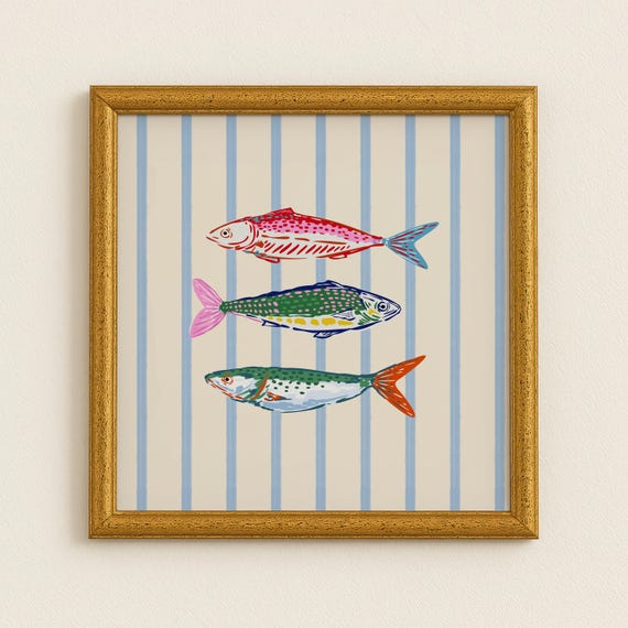 Colorful Fish Illustration Coastal Grandmillennial Wall Art Modern Seaside Beach Cottage Gallery Square
