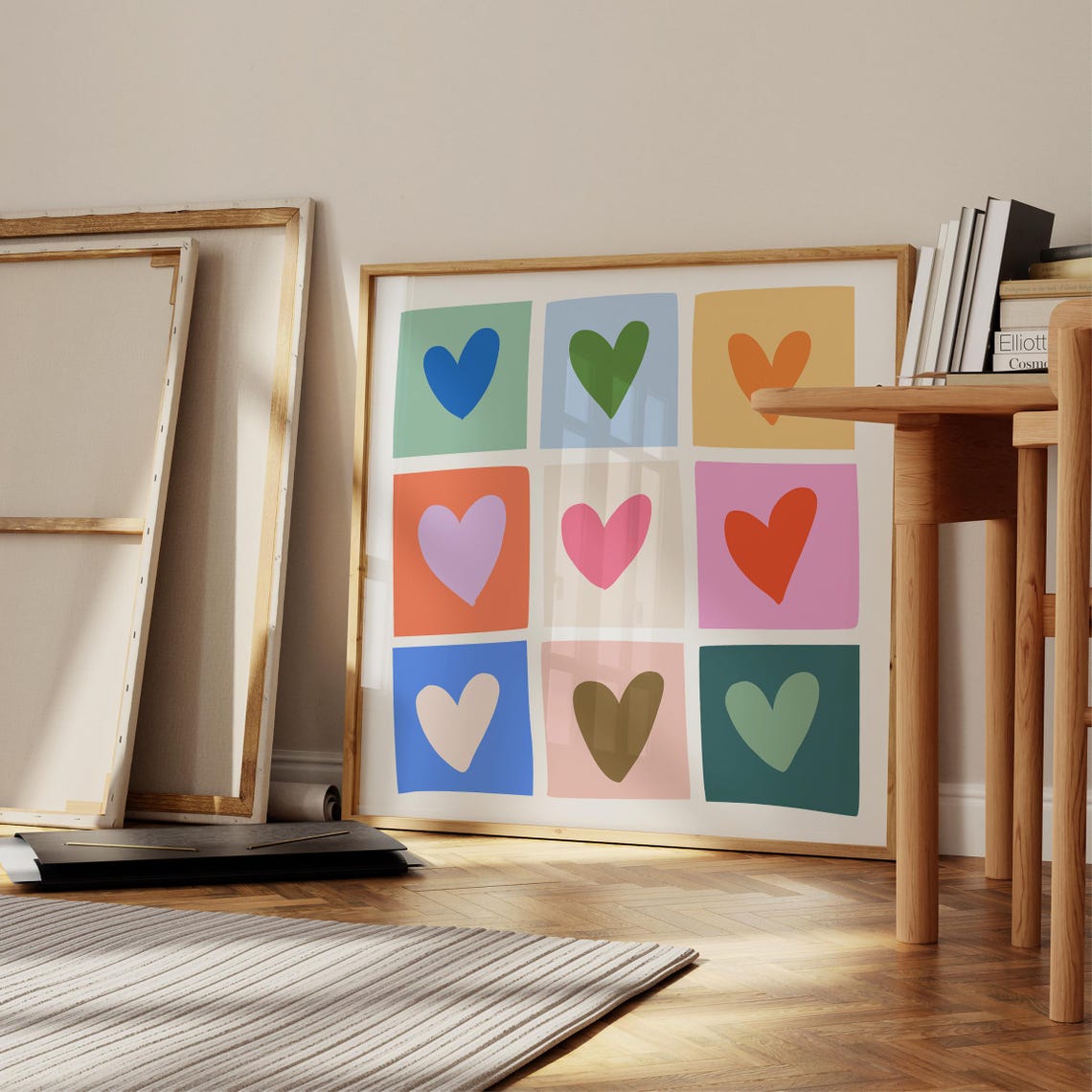 Nine Colorful Hearts Grid Pastel Blocks Playful Square Love Wall Art - Image 3