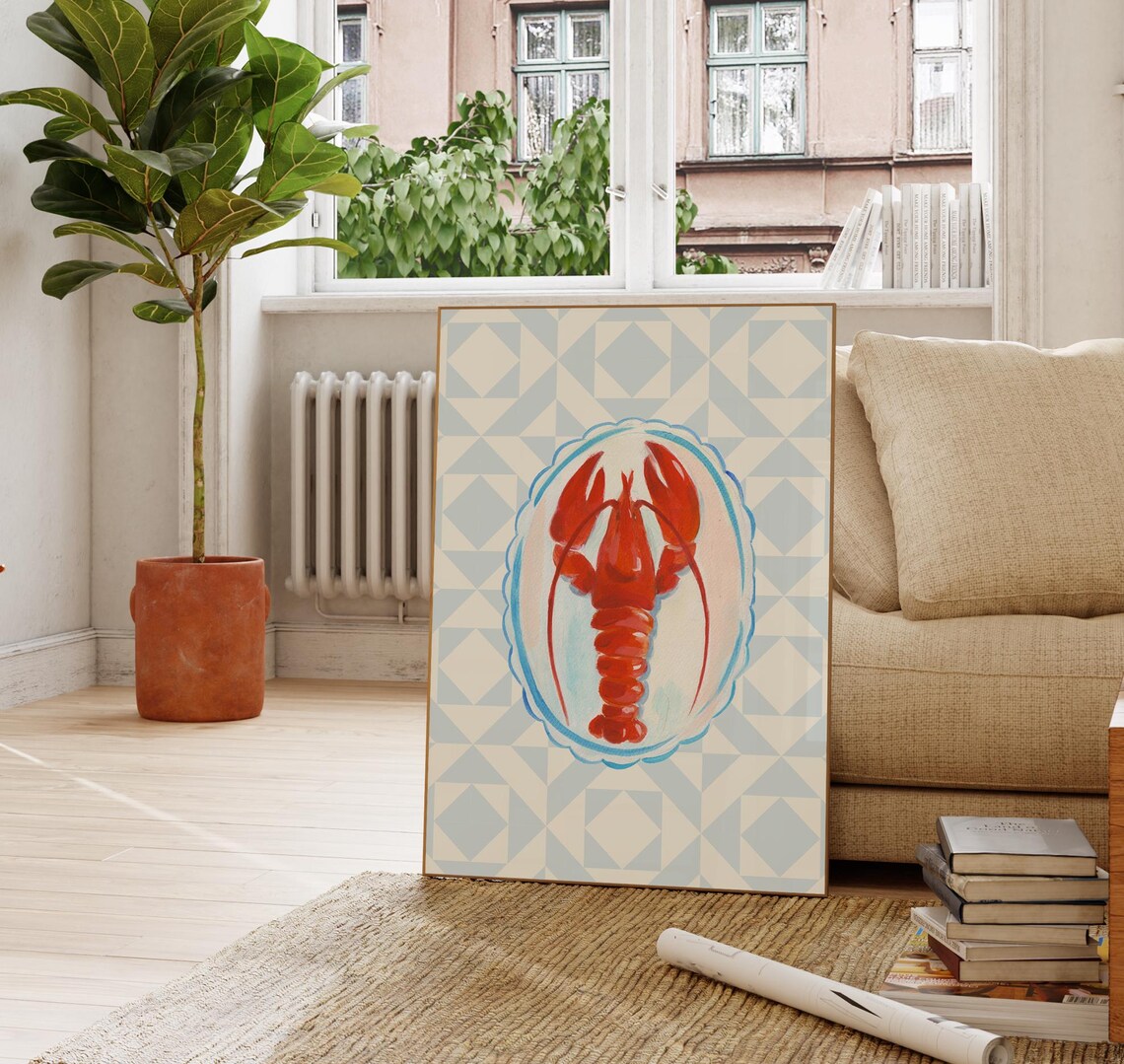 Blue Quilted Lobster Dinner Illustration Print Wall Art Wall Art Coastal Decor Beach House - Image 5