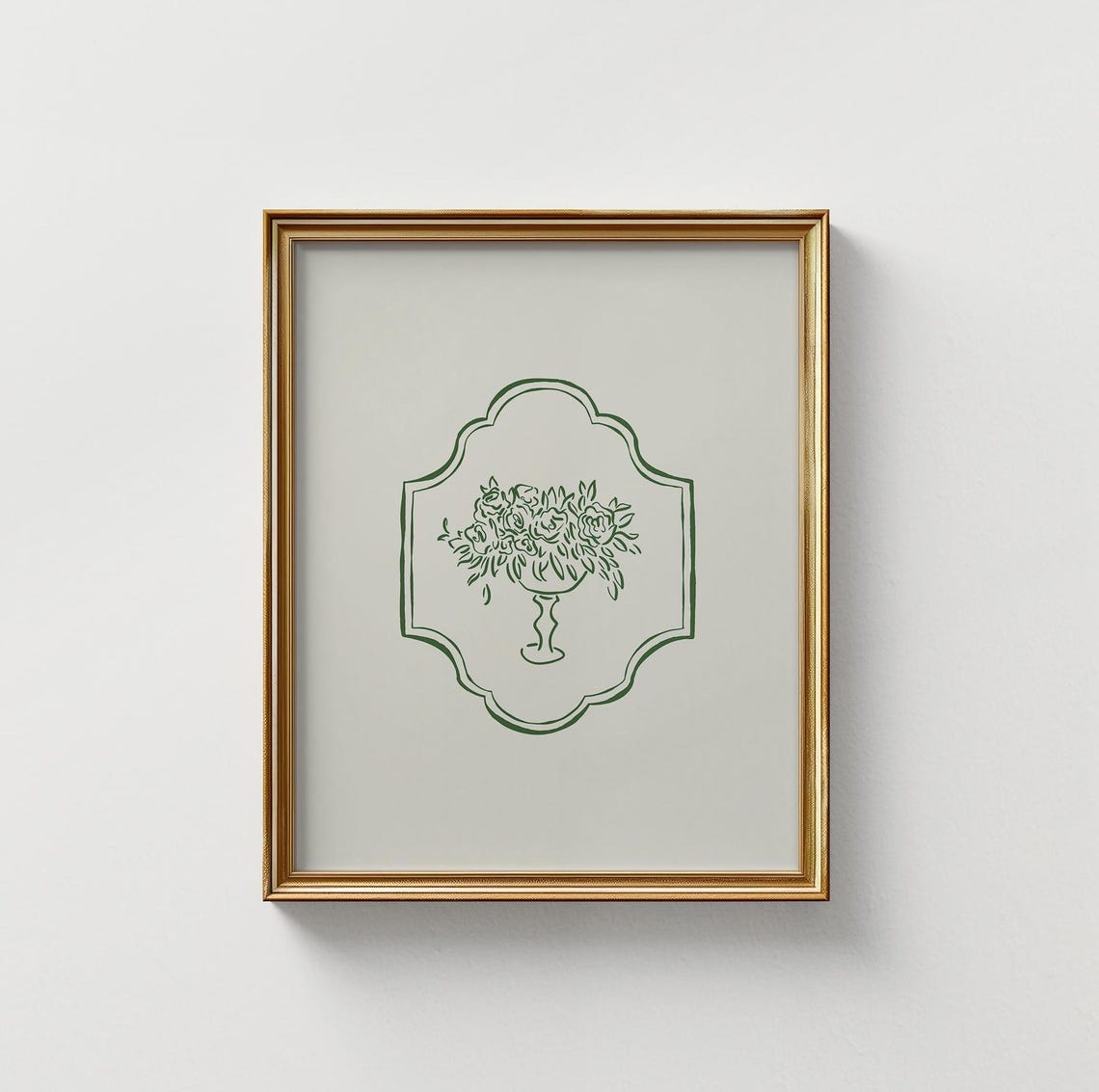 Forest Green Floral Urn Crest Line Art Cream Minimalist Art Poster
