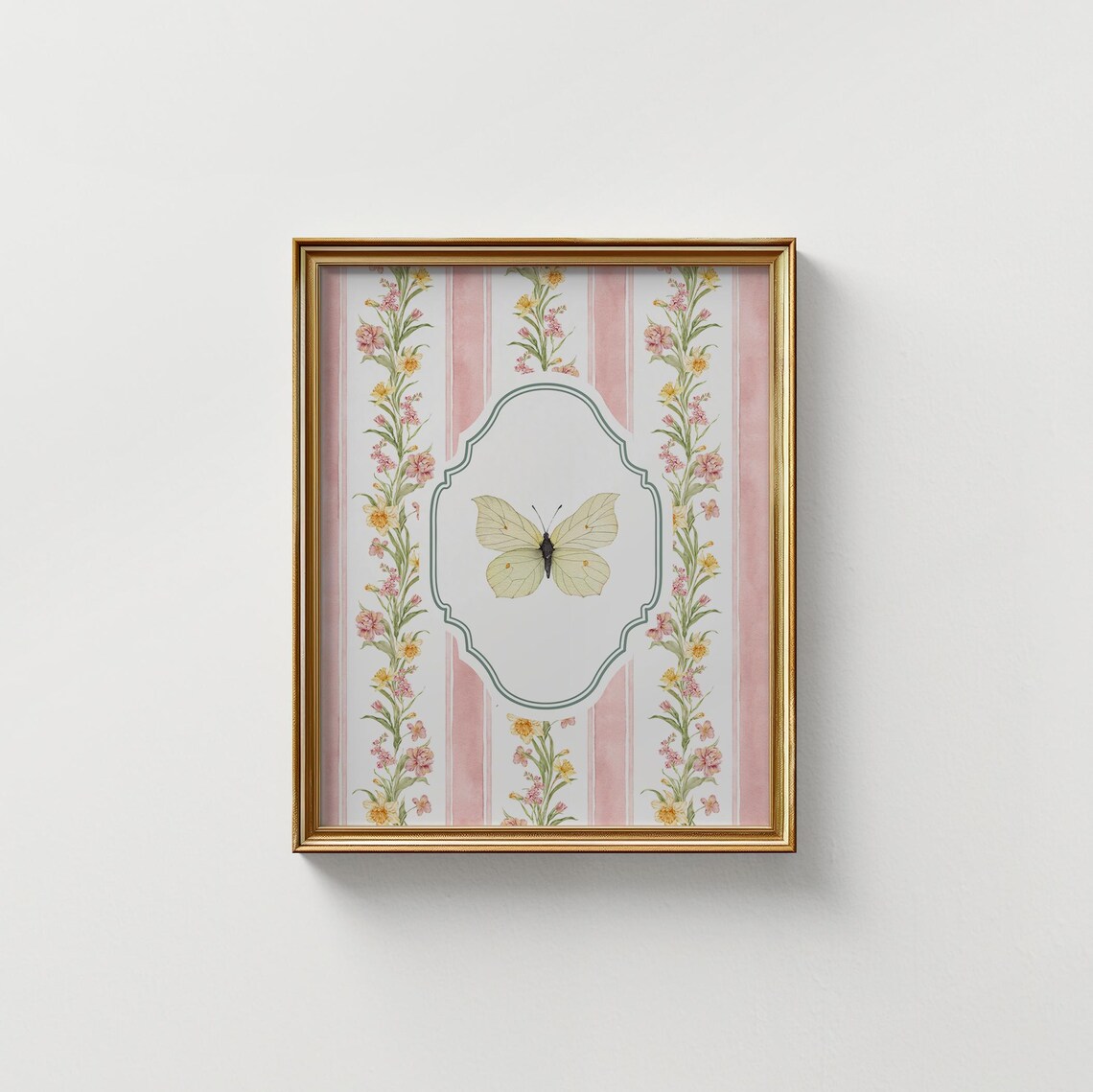 Pale Green Butterfly Pink Striped Floral Nursery Wall Art Poster - Image 5