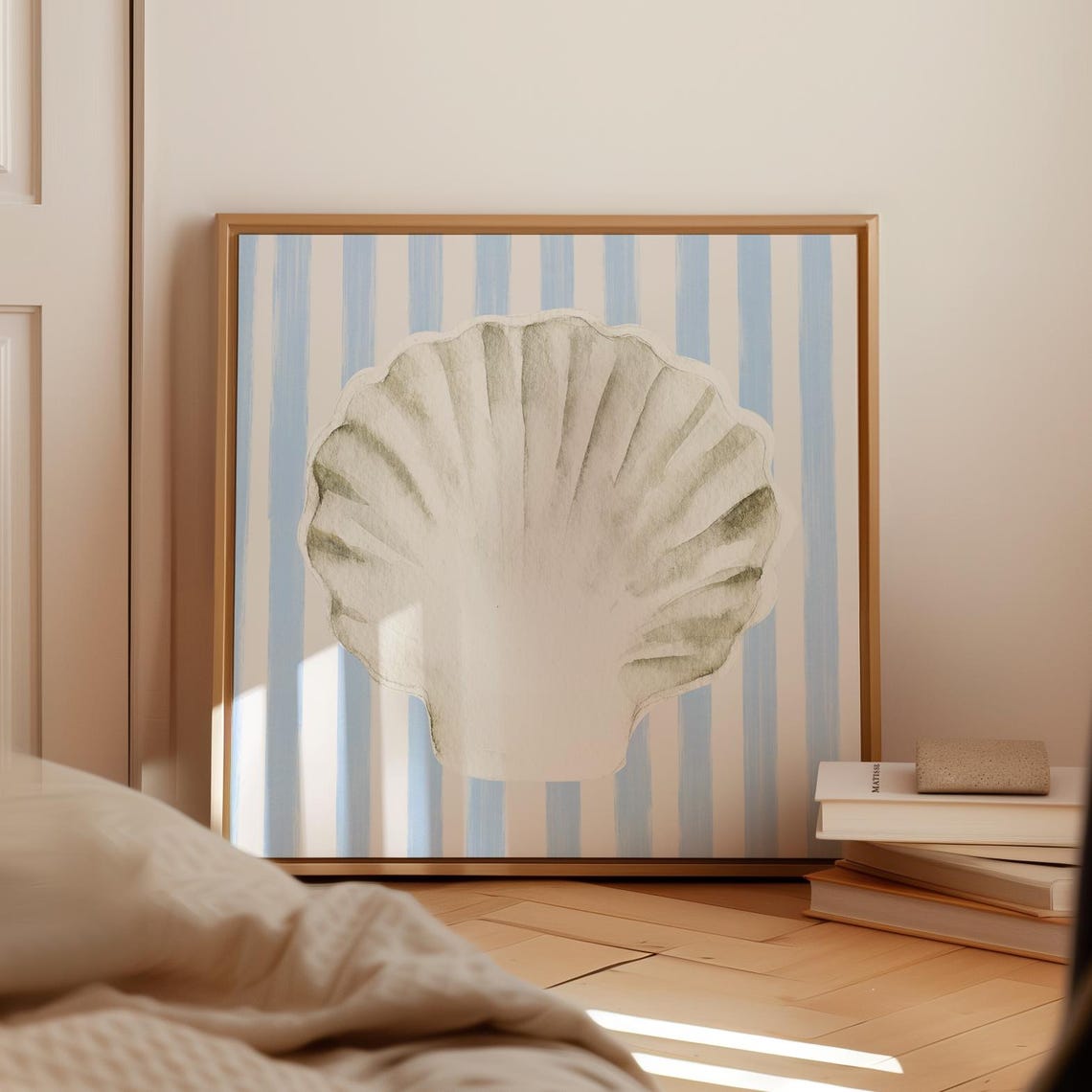 White Scallop Shell Blue Striped Background Coastal Watercolor Poster - Image 2