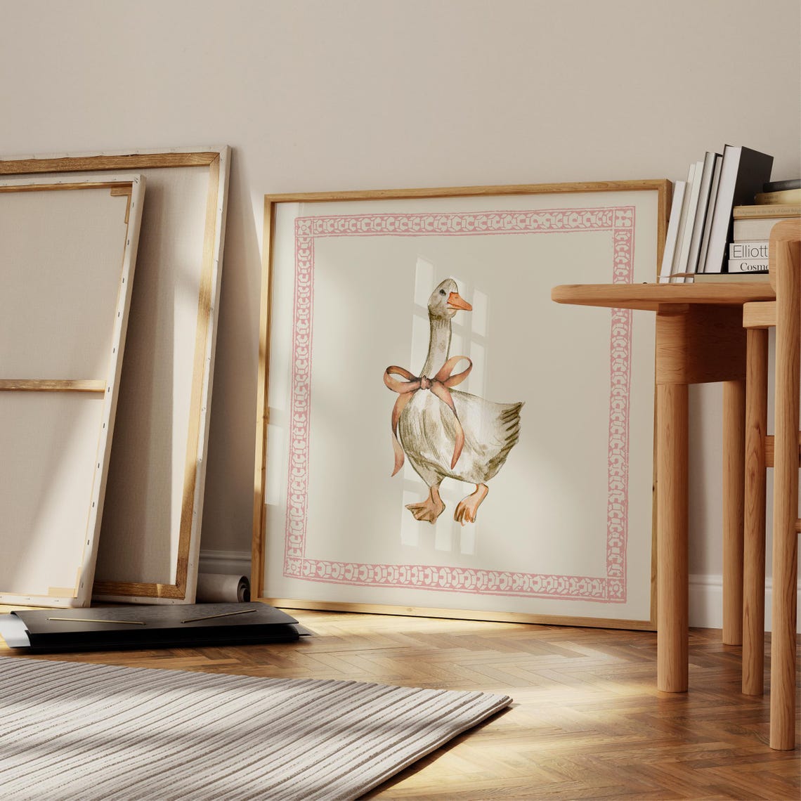 White Goose With Bow Watercolor Pink Border Nursery Wall Art Print - Image 4
