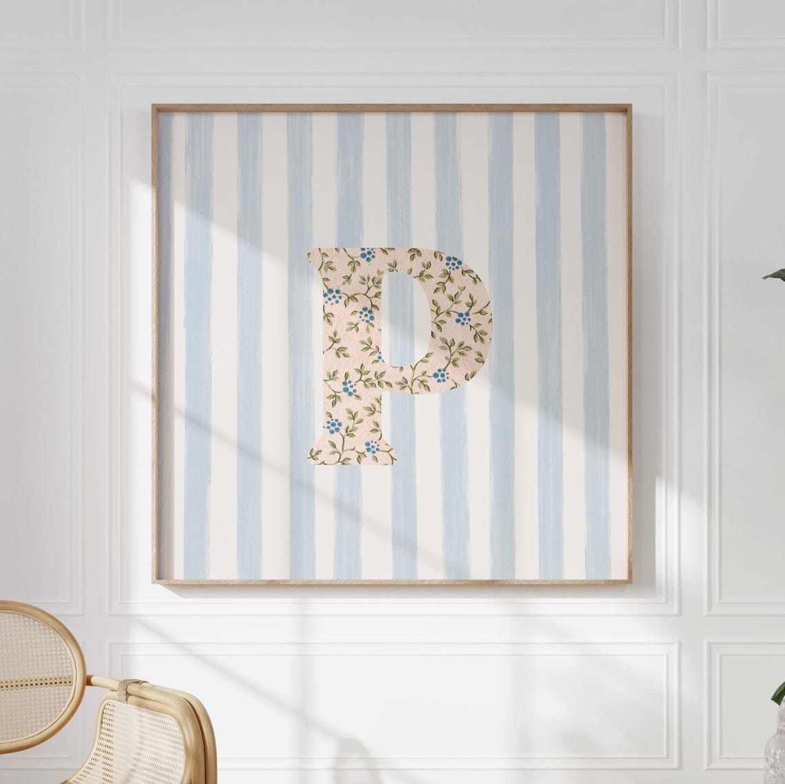 Floral Chintz Letter P Monogram Initial Blue Striped Wall Poster